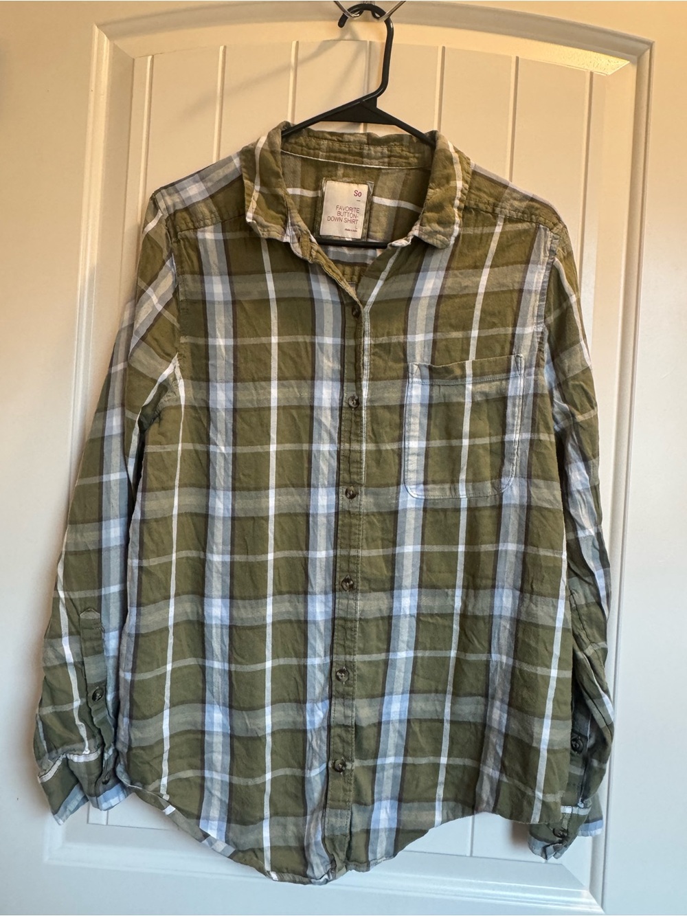 SO Olive Green Plaid Button-Down Shirt with Blue and White Stripes